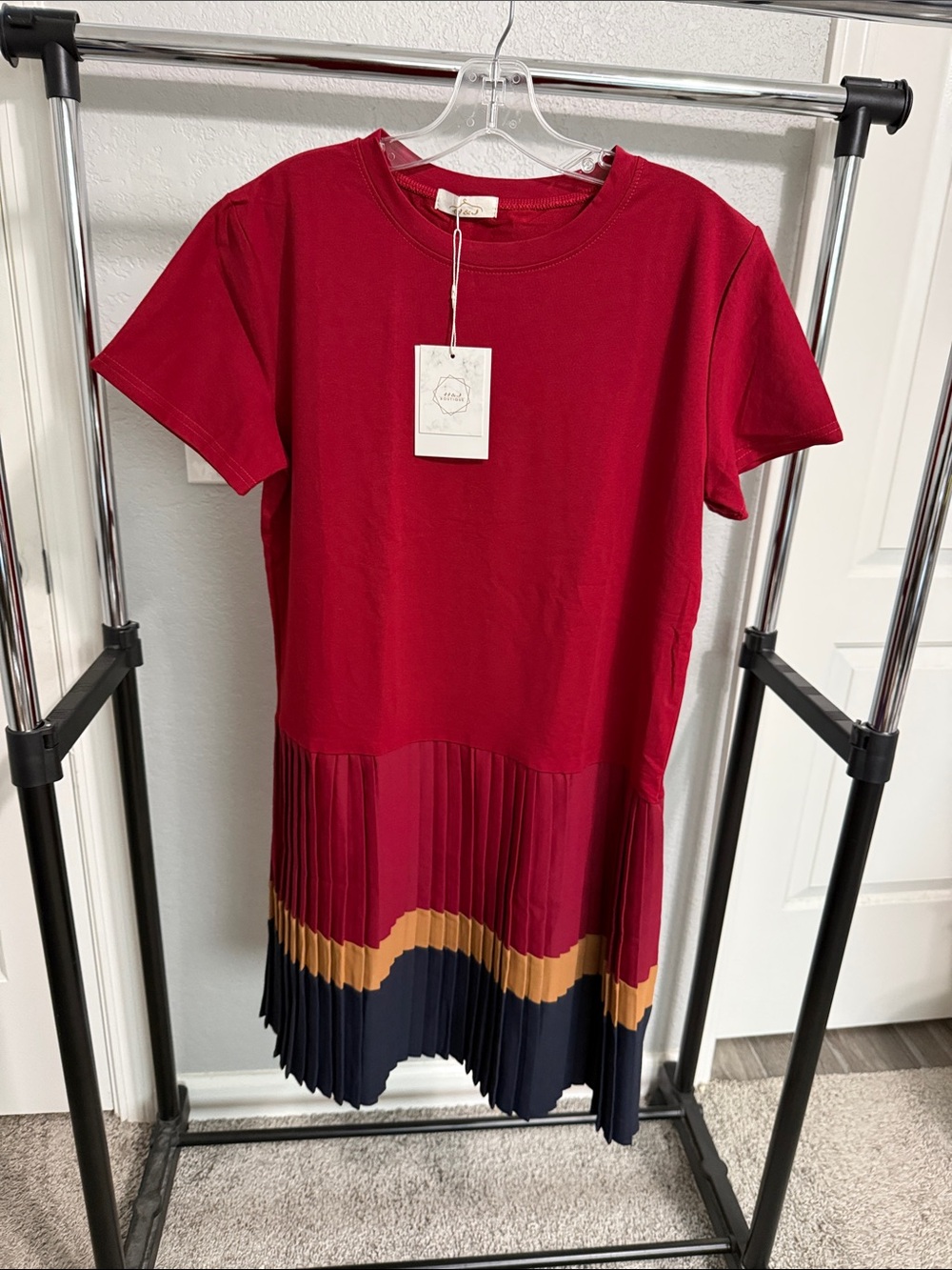 Women’s ' Crimson Pleated Hem Dress with Color-Block Waves
